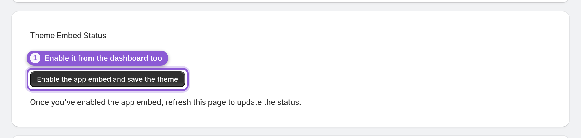 Let the status confirm itself — Theme Embed Status card highlighted