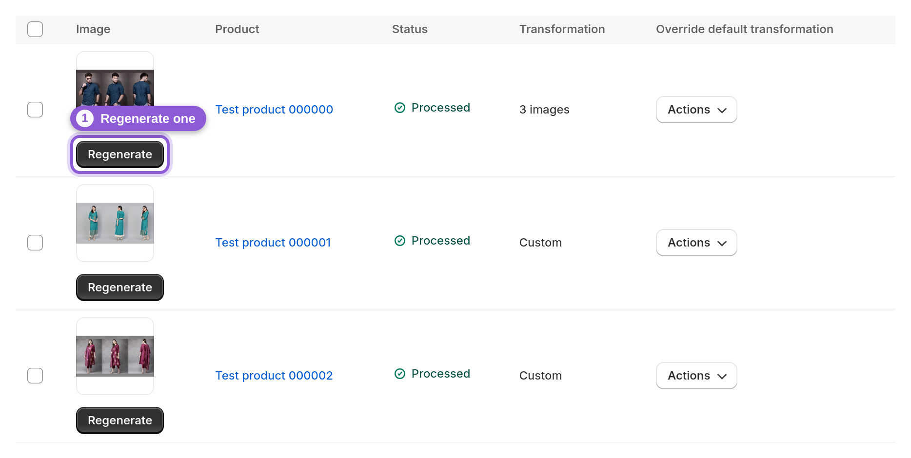 The dashboard image list with the Regenerate button under a product's share image thumbnail