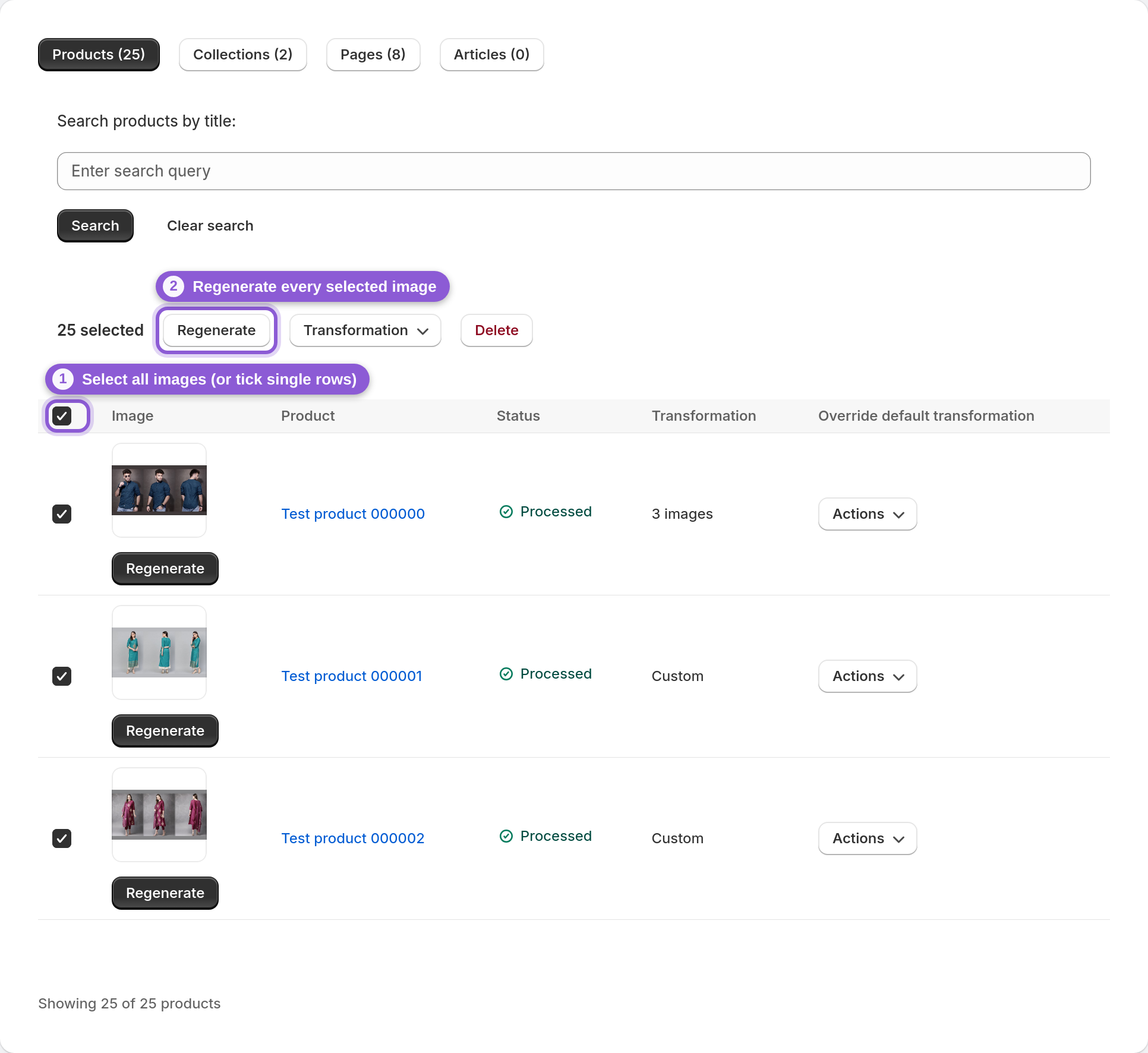 All images selected on the dashboard with the bulk Regenerate button in the toolbar