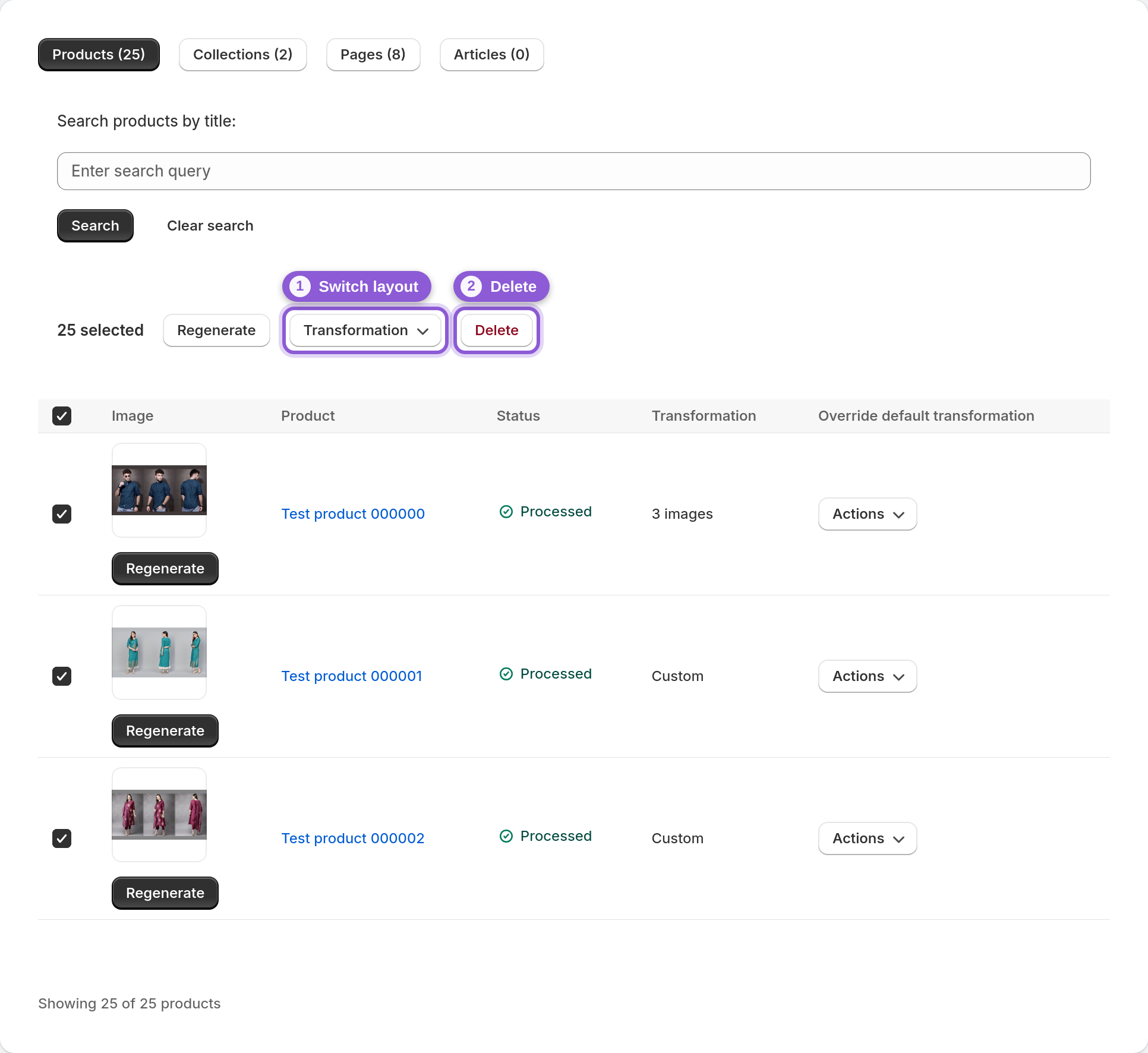 The bulk actions toolbar with the Transformation menu and the Delete button