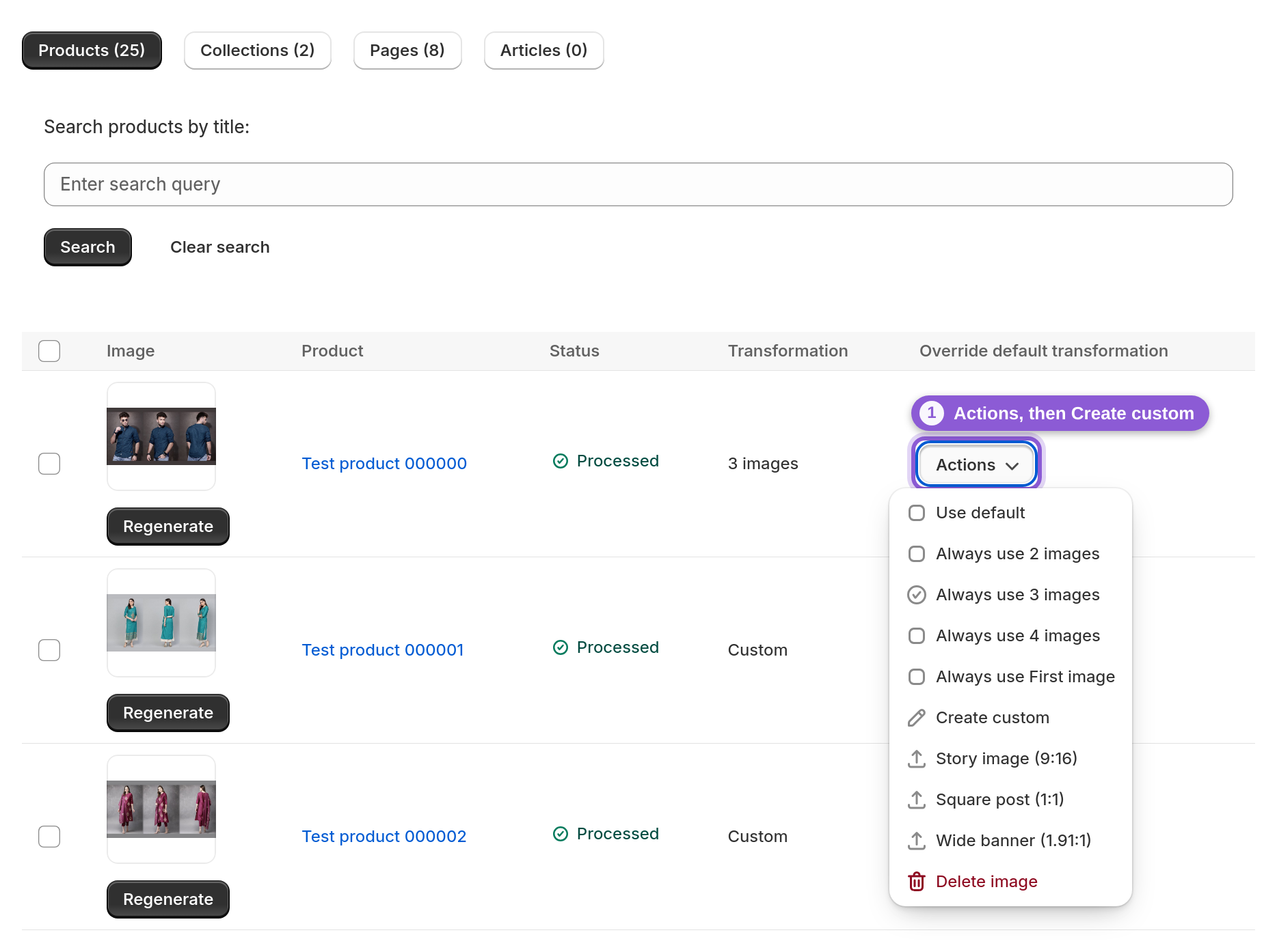 A row's Actions menu open on the dashboard, showing Create custom