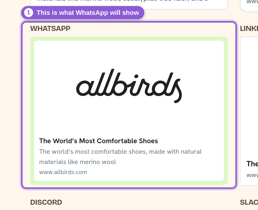 The WhatsApp preview card rendered by the Share Preview Checker